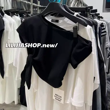 韩国东大门夏季新款时尚短款百搭显瘦斜肩露肩绑带短袖T恤女上衣商品大图