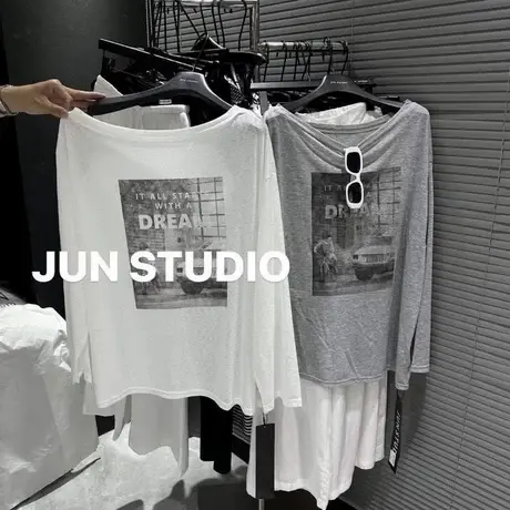 韩国东大门夏季新款美式字母印花斜肩长袖防晒衫T恤女宽松上衣潮商品大图