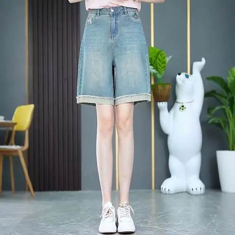 高腰显瘦刺绣牛仔短裤女夏季薄款A字五分裤时尚毛边直筒阔腿裤图片