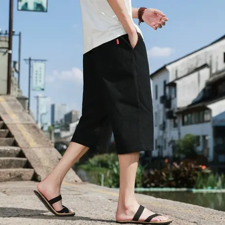 中国风棉麻七分裤男款夏季薄款排湿透气亚麻短裤青少年休闲六分裤图片