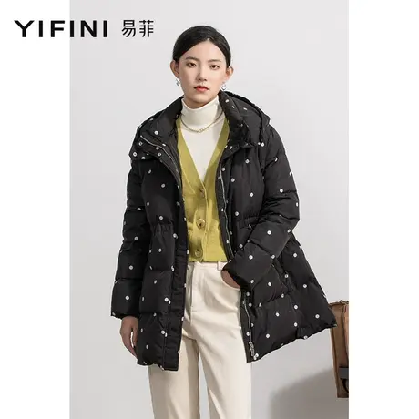 Yifini/易菲中长款连帽波点黑色保暖羽绒服白鸭绒外套秋冬新款图片