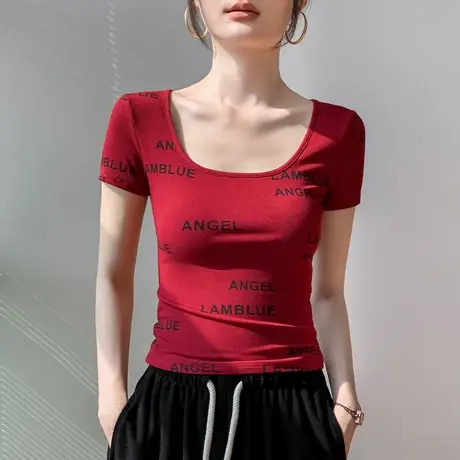 红色短袖t恤女字母印花正肩修身显身材衬衫内搭u领漏锁骨上衣图片