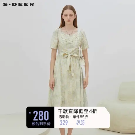 sdeer圣迪奥女装方领晕染网纱收腰泡泡袖小碎花连衣裙夏S223Z122Q🧗商品大图