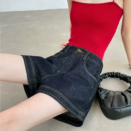 深蓝色牛仔短裤女夏季新款高腰直筒宽松显瘦小个子a字三分阔腿裤商品大图