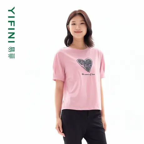 [专柜同款]Yifini/易菲宽松船领爱心钉珠字母刺绣时尚T恤女士上衣图片
