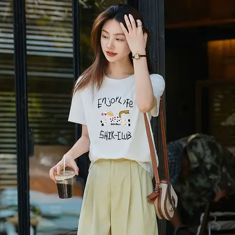 时尚简约印花短袖T恤2025年夏季新款女可爱减龄休闲套头百搭上衣商品大图
