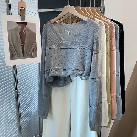 亮片v领镂空针织衫女2025春夏新款宽松外穿上衣洋气薄毛衣罩衫潮商品大图
