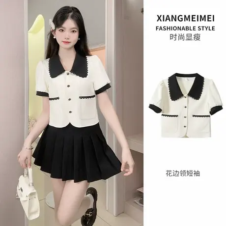 口袋设计感蕾丝花边领黑白拼接女士2024短款衬衫短袖夏季新款上衣图片