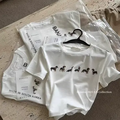 韩国东大门夏季新款辣妹狗狗印花短袖T恤女修身显瘦短款洋气上衣商品大图