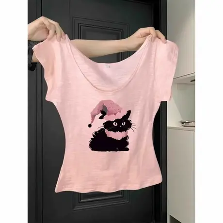 辣妹U领正肩竹节棉短袖T恤女夏季修身短款纯欲内搭打底衫半袖上衣图片