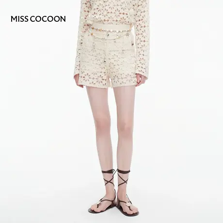 MISSCOCOON可可尼白色短裤女2025秋季新款镂空绵羊毛针织休闲裤商品大图