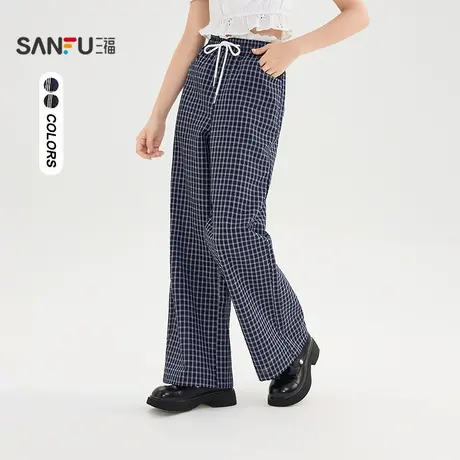 三福休闲裤2025夏季蕾丝花边拼接腰头格子宽松阔腿裤女装505040商品大图