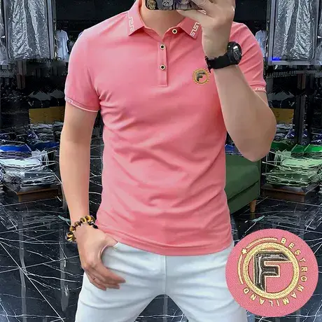 中青年夏季polo衫翻领男装夏季潮流半袖T恤休闲上衣2025短袖粉色图片