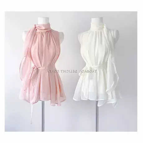 现货 东大门两种穿法纯欲甜美温柔风粉色挂脖无袖雪纺上衣（4色）商品大图