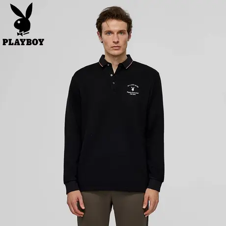 【扁机领】花花公子红黑色长袖POLO衫男士款商务休闲翻领上衣官方图片