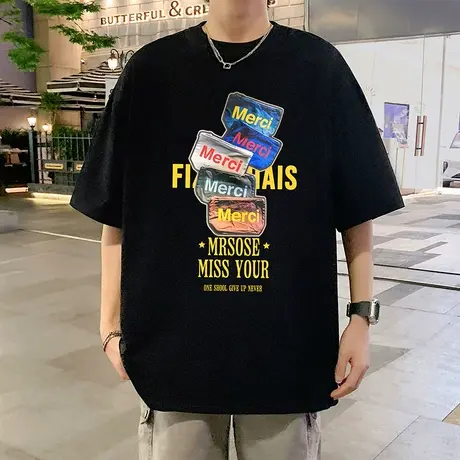 短袖T恤男夏季2025新款宽松圆领半袖休闲美式男生体恤纯棉上衣服图片