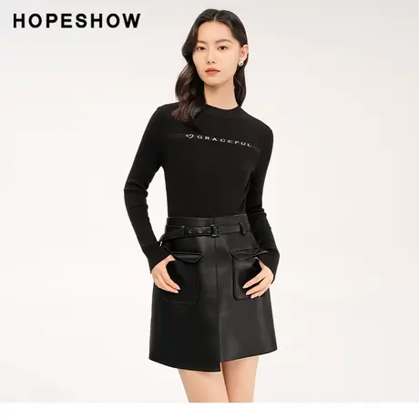 红袖outlets拼接圆领内搭连衣裙hopeshow2023冬新款遮胯显瘦皮裙图片