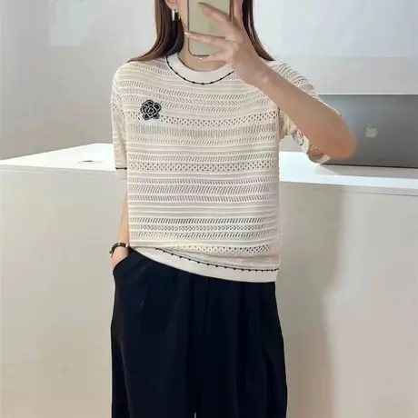 秋装女2023年新款短袖针织衫女设计感镂空圆领内搭打底衫上衣薄款图片