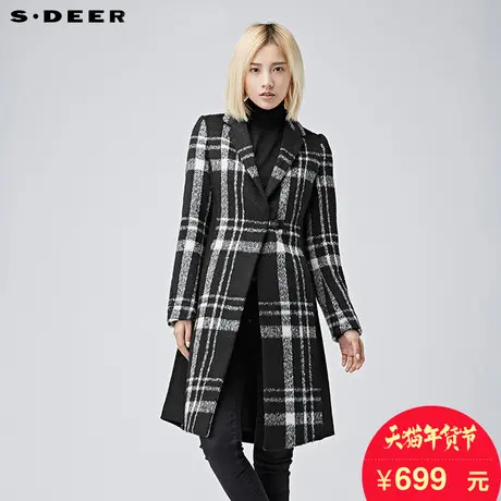 sdeer圣迪奥女装2018冬装复古英伦格纹翻领搭扣毛呢大衣S16481897图片