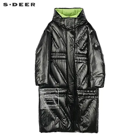 sdeer圣迪奥女装高领连帽字母印胶撞色两件套长款羽绒服S18482451图片