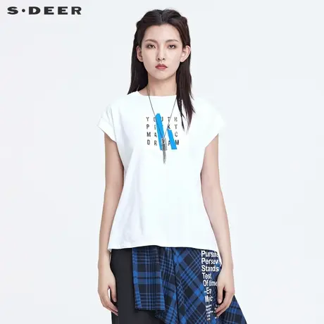 sdeer圣迪奥22夏装新款圆领撞色字母宽松白色短袖t恤女S22280116图片
