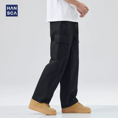 hansca松紧腰运动休闲裤男美式复古春季潮牌大口袋黑色直筒工装裤商品大图
