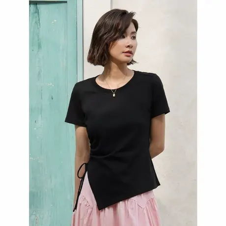 弥古黑色短袖透气圆领正肩t恤女夏修身白色下摆不规则上衣高级感图片