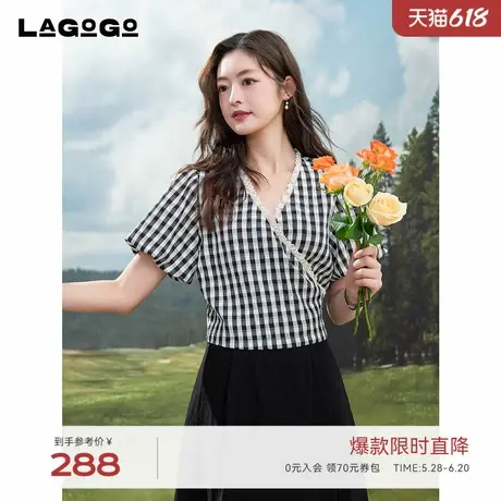 LAGOGO蕾丝系带格子小衫女拉谷谷2025年夏新款短款V领泡泡袖上衣图片