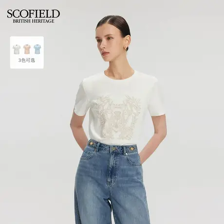 Scofield女装时尚简约设计感刺绣T恤圆领修身短袖2025夏季新款图片