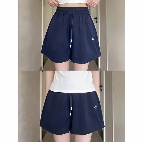 藏青色刺绣工装短裤女夏季新款高腰a字阔腿中裤休闲运动五分裤子商品大图