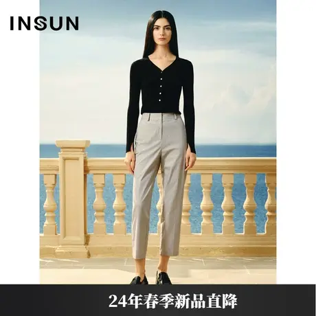 INSUN恩裳专选春季棉麻混纺条纹西装直筒裤商品大图