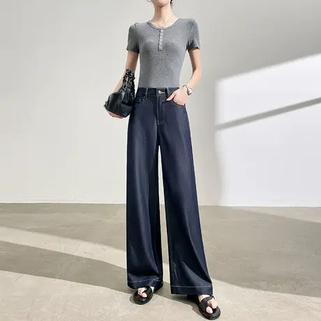 天丝抗皱阔腿牛仔裤女夏季薄款高腰宽松垂感蓝色直筒宽松拖地裤子商品大图