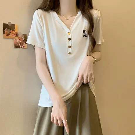 正肩短袖t恤女夏季韩版宽松大码女装胖mm遮肚子V领设计感小众上衣图片