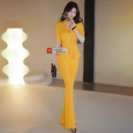 VJE夏季帅气职业套装新款修身显瘦小众西装高腰喇叭裤两件套商品大图