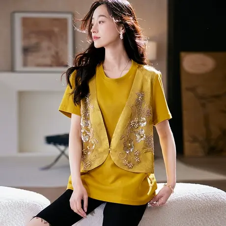 宝诗黎假两件钉珠亮片拼接T恤2025夏季时尚气质显瘦百搭短袖上衣商品大图