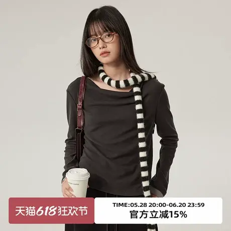 omont蛋挞家 气质荡领长袖T恤女春季小众设计感修身显瘦打底上衣商品大图