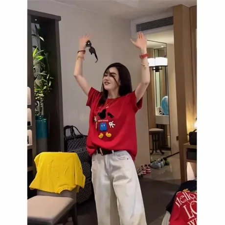 100%纯棉圆领短袖t恤女2025新款设计感米奇印花休闲百搭显瘦上衣图片