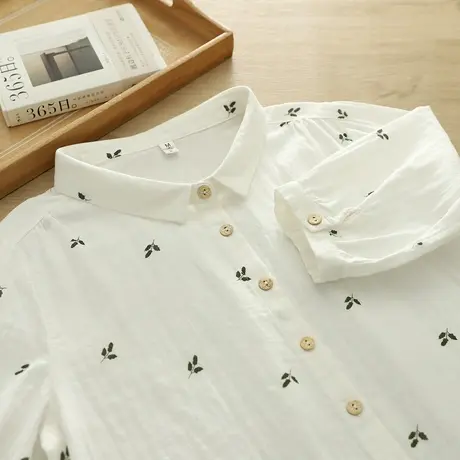 夏季文艺小清新树叶双层棉纱中袖白衬衫女宽松休闲五分袖上衣百搭商品大图