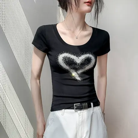 圆领烫钻爱心印花短袖T恤女2025夏季修身显瘦今年超流行正肩上衣图片