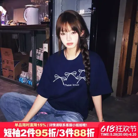 超火ins慵懒风藏蓝色短袖t恤女2025夏季新款宽松显白纯棉半袖上衣商品大图