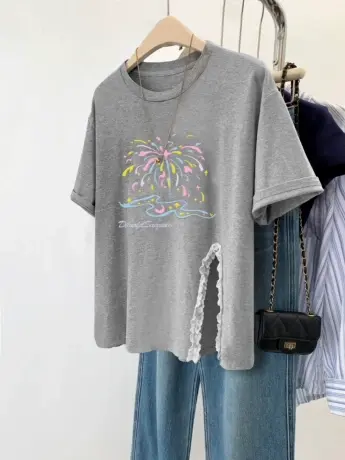 美式复古chic短袖大码女胖mm慵懒风下摆开叉T恤in宽松圆领上衣夏商品大图