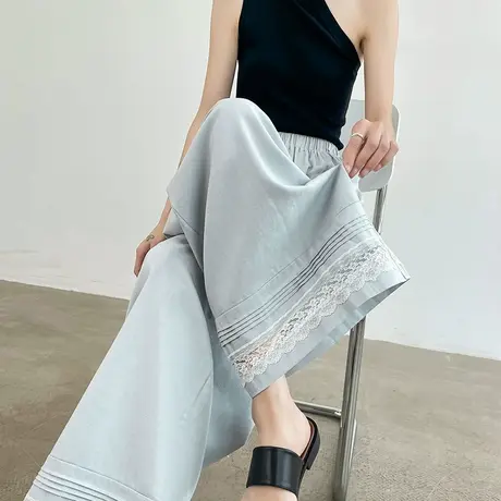 蕾丝花边抗皱阔腿裤女夏季薄款拼接垂感直筒防晒蓝色压褶休闲裤子商品大图