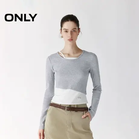 ONLY2025夏季新款假两件撞色设计刺绣字母LOGO修身正肩圆领T恤女商品大图