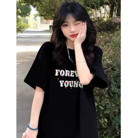 黑色爆款夏季短袖t恤女2025新款纯棉宽松显瘦半袖韩系慵懒风上衣商品大图