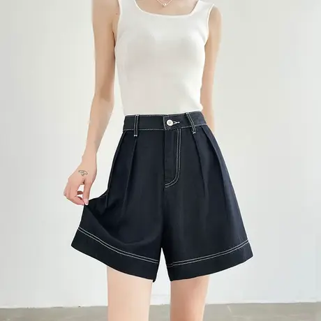 莱赛尔天丝软牛仔短裤女夏季薄款高腰明线宽松丹宁蓝阔腿五分裤子商品大图