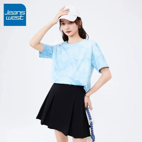 KV真维斯纯棉蓝色扎染短袖女T恤2025新款 夏季薄款小个子宽松上衣商品大图