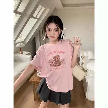 甜辣妹小熊印花圆领纯棉短袖夏季T恤女港味宽松小众显瘦休闲上衣图片