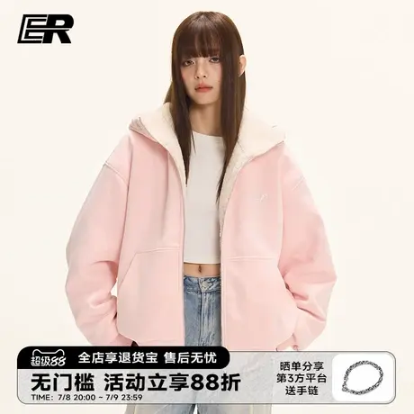 ER双面穿开衫卫衣2025美式潮牌仿羊羔毛外套休闲宽松情侣帽衫图片