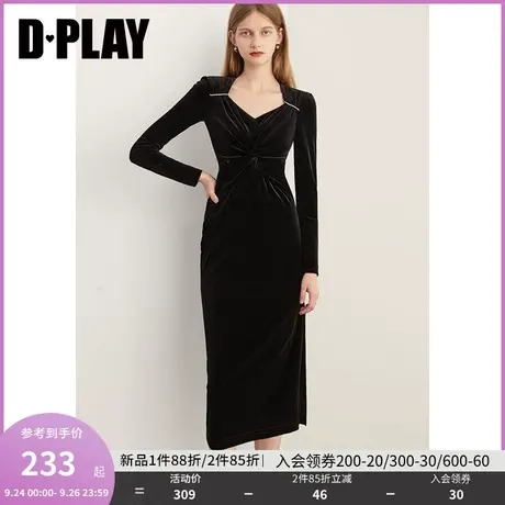 DPLAY2023冬赫本风经典黑设计感扭结闪钻丝绒连衣裙小黑裙礼服裙图片