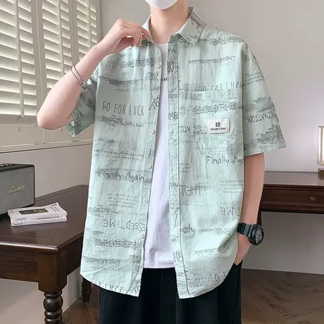 扎染纯棉短袖衬衫男夏季高级感痞帅衬衣男宽松休闲青少年半袖上衣图片